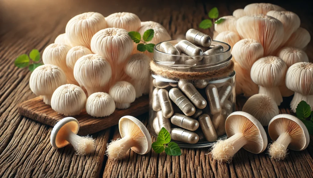 "High-quality Lion’s Mane mushroom capsules in a glass jar next to fresh, shaggy mushrooms on a rustic wooden surface under natural light."