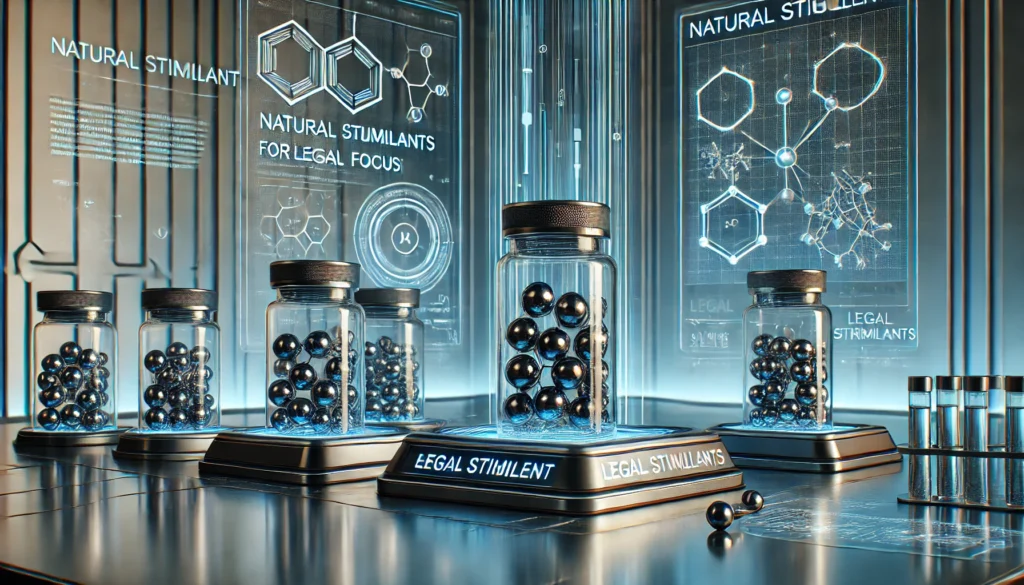 Futuristic lab displaying natural stimulant compounds in glass vials with digital molecular overlays, representing scientific research on legal alternatives to caffeine.
