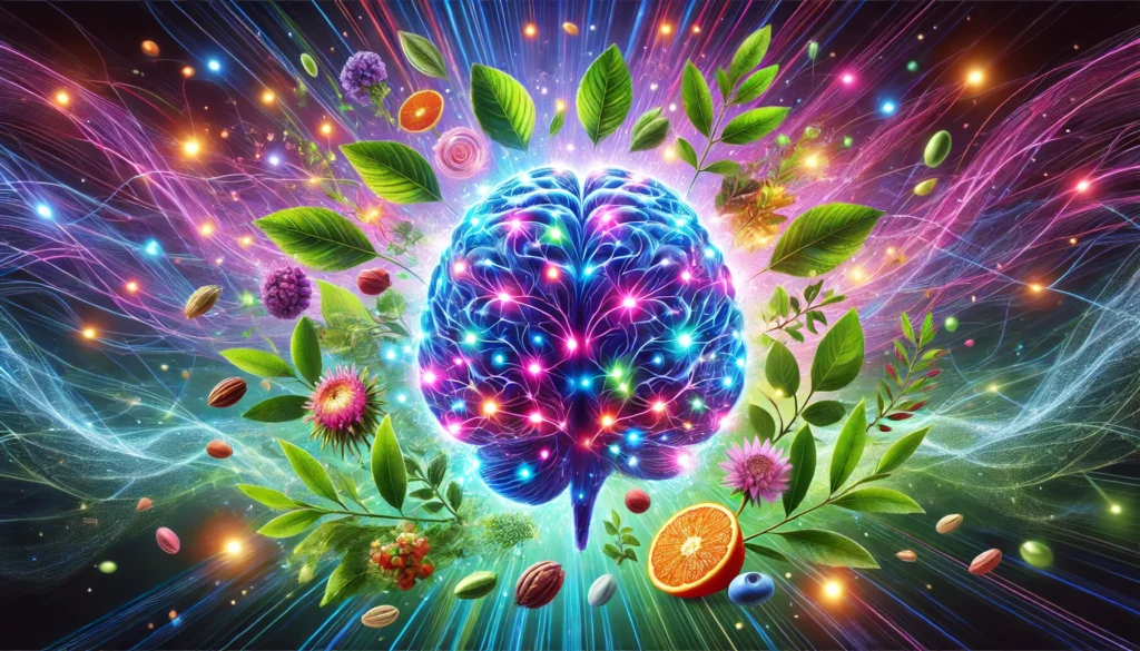 Symbolic image of an illuminated human brain with colorful neural pathways, surrounded by Rhodiola rosea, L-theanine leaves, and herbal roots representing cognitive performance and vitality.