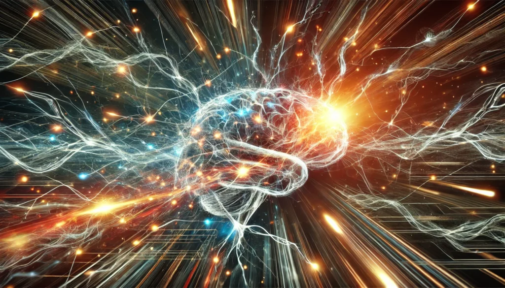 Abstract visual of neuron pathways firing chaotically with bright flashes of light, symbolizing amphetamine-induced overstimulation and its effects on brain health and cognitive balance.