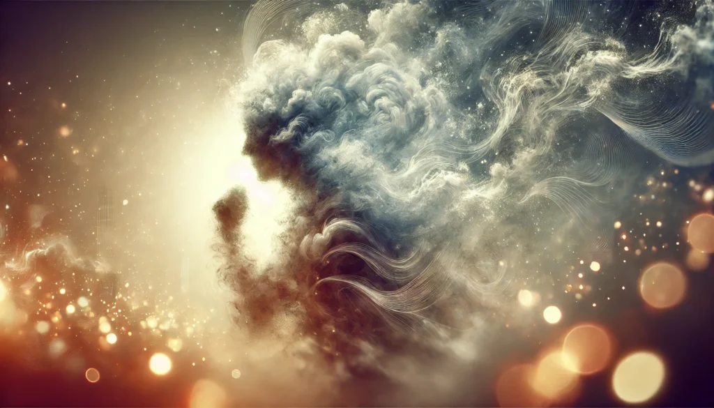 An abstract visualization of a human silhouette dissolving into swirling fog, representing the loss of mental clarity and identity associated with anxiety-induced brain fog. Blurred distant lights in the background resemble fading thoughts, creating an introspective and dreamlike mood.