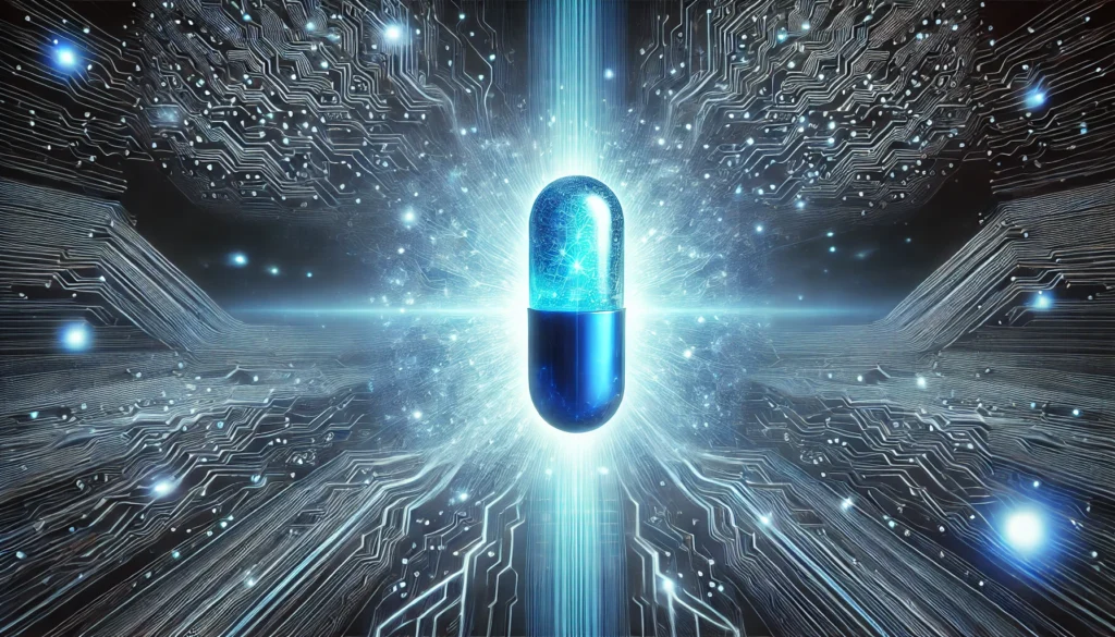 A futuristic, glowing blue pill at the center, surrounded by a digital neural network with pulsating energy waves, symbolizing enhanced cognitive abilities and limitless potential.