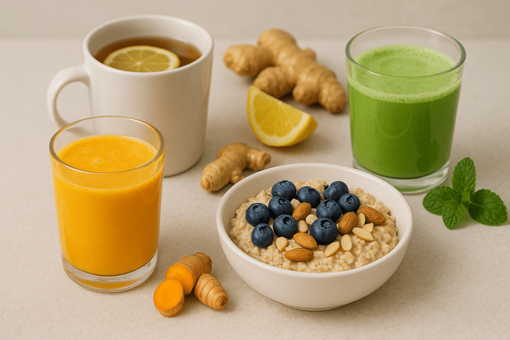 Four natural caffeine alternatives including herbal tea, turmeric latte, matcha, and an orange smoothie with oatmeal and berries, arranged together on a light surface to represent healthy morning drink options for energy and focus.