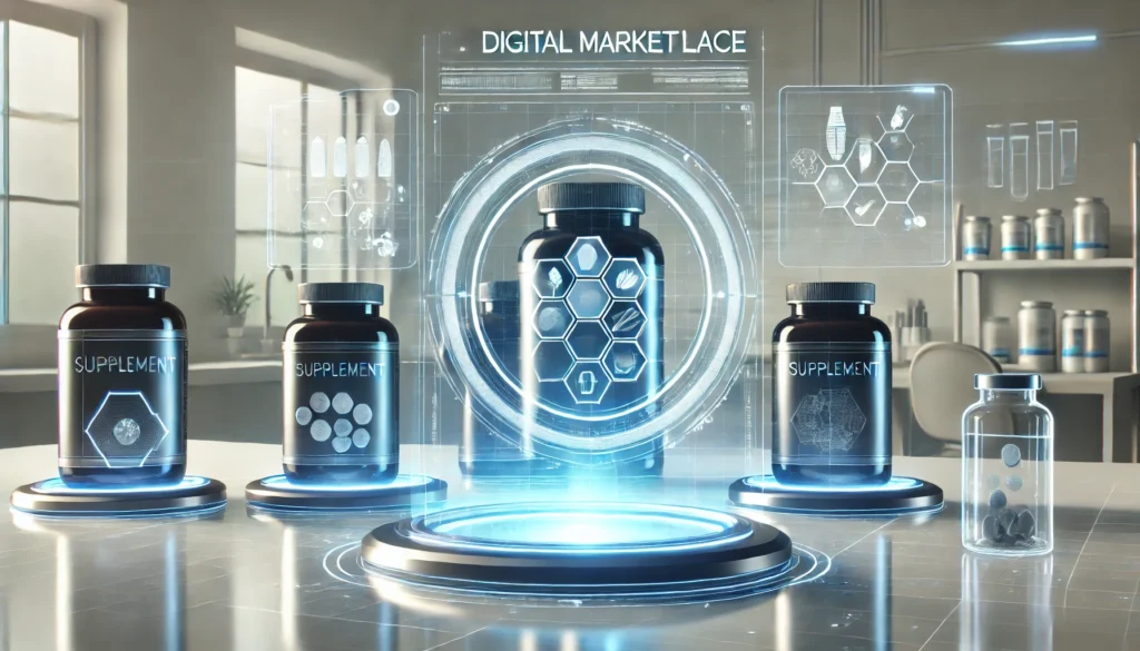 A high-tech online store interface displaying supplement bottles, with a clean laboratory background conveying trust and quality.
