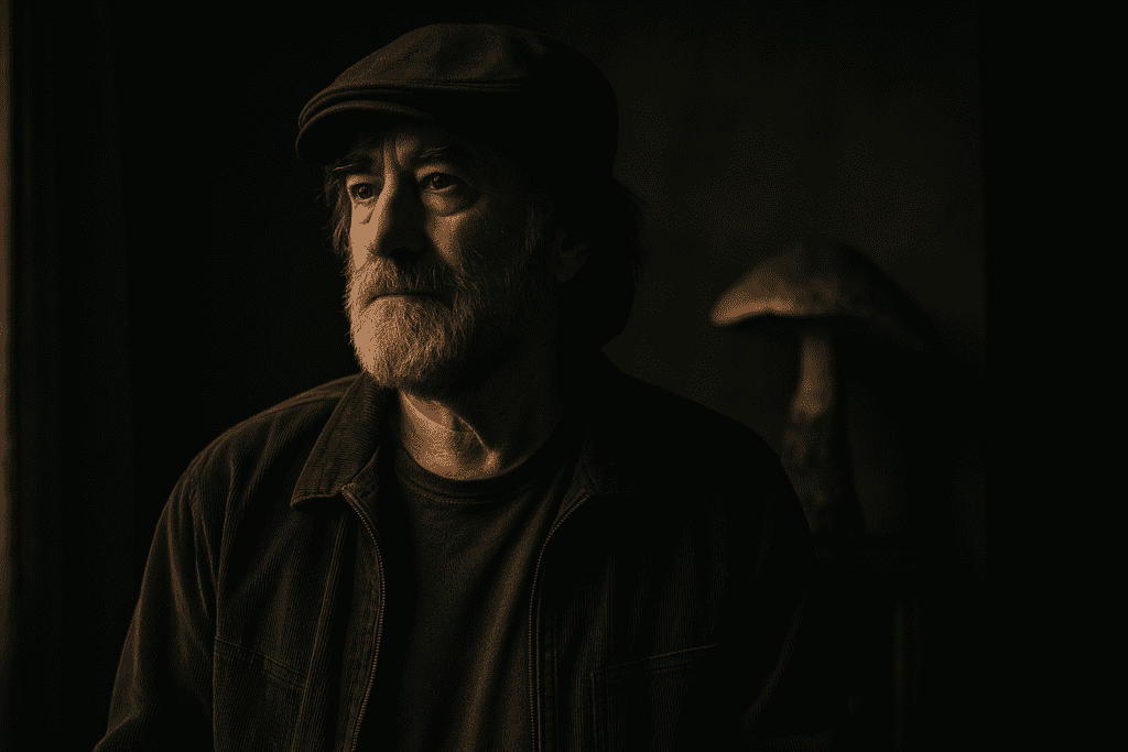 A dramatic portrait of Paul Stamets in moody lighting, wearing a dark jacket and cap, with a faint mushroom sculpture in the shadowed background. The image evokes the deep, reflective tone of scientific curiosity and natural mysticism surrounding Host Defense mushrooms.