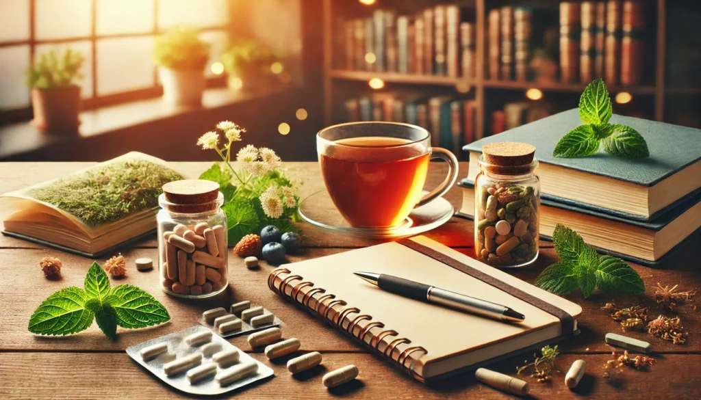 A visually appealing arrangement of natural study supplements and nootropic pills on a wooden desk, alongside an open notebook, pen, and herbal tea. Soft lighting and a blurred bookshelf in the background evoke focus and concentration.