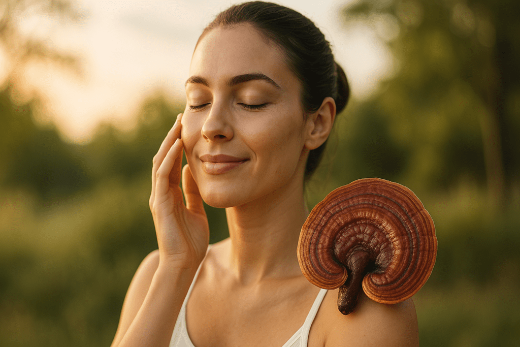A young woman with radiant, healthy skin gently touches her face while standing outdoors in soft morning light, holding a shiny Reishi mushroom. The warm glow of sunrise and lush green background emphasize the natural skincare benefits of Lingzhi mushrooms.