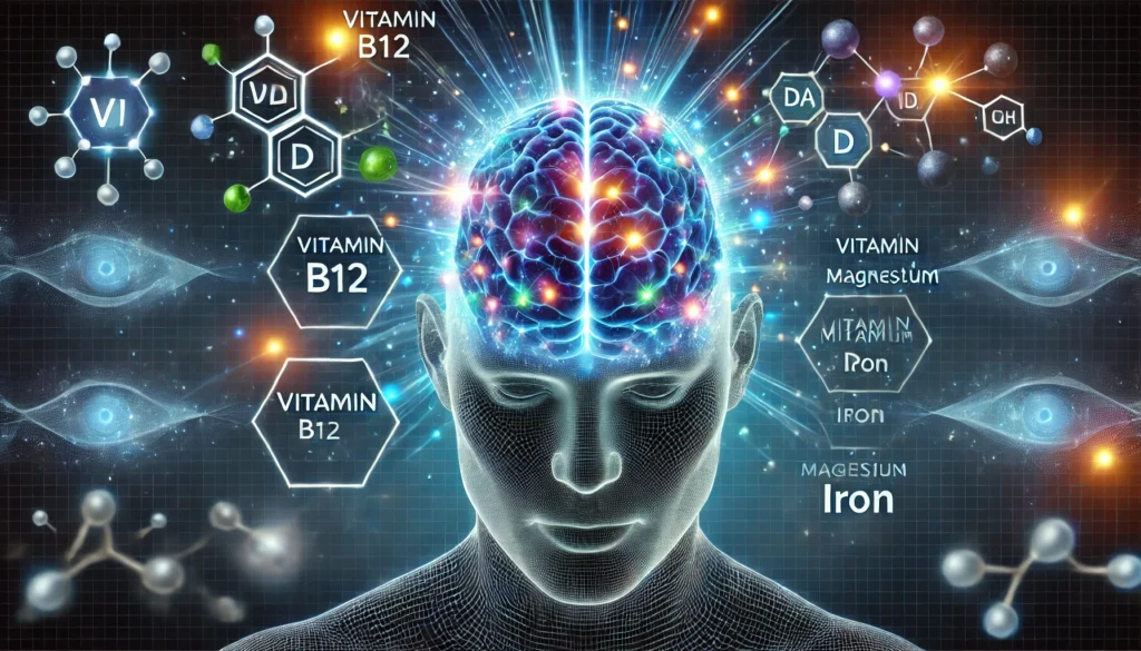 A futuristic depiction of brain function, featuring a glowing human brain surrounded by molecular structures of essential vitamins like B12, D, magnesium, and iron, radiating energy to symbolize enhanced mental clarity and improved cognitive performance.