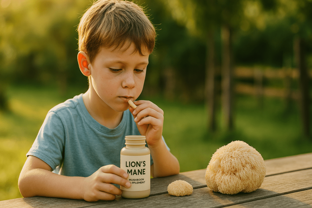 A young boy with short, light brown hair sits at a rustic outdoor table in warm morning sunlight, examining a Lion’s Mane mushroom supplement capsule while holding the bottle. The forest-like background and soft shadows evoke a calm, natural setting, highlighting the concept of children and mushroom supplements for ADHD support.