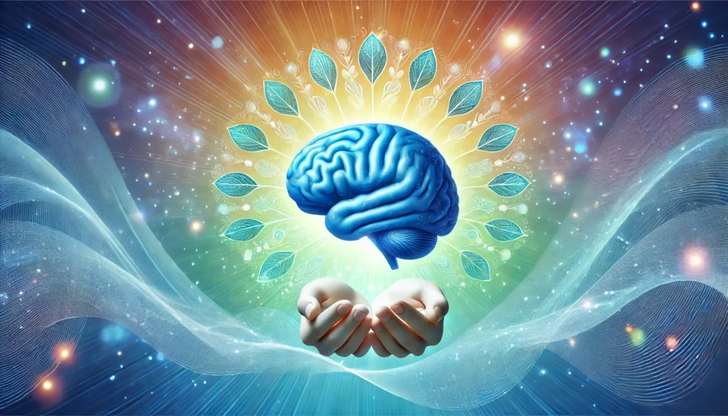 A peaceful and healthy brain concept, displaying a glowing blue brain surrounded by vibrant energy waves, symbolizing enhanced cognitive function, mental clarity, and reduced inflammation against a bright and uplifting background.