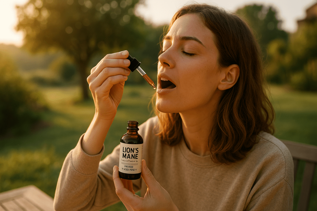 A young woman applies Lion’s Mane tincture using a dropper while seated outdoors in soft morning sunlight, surrounded by greenery. This serene image illustrates how natural Lion’s Mane liquid supplements may support brain health and mental clarity through mindful daily routines.