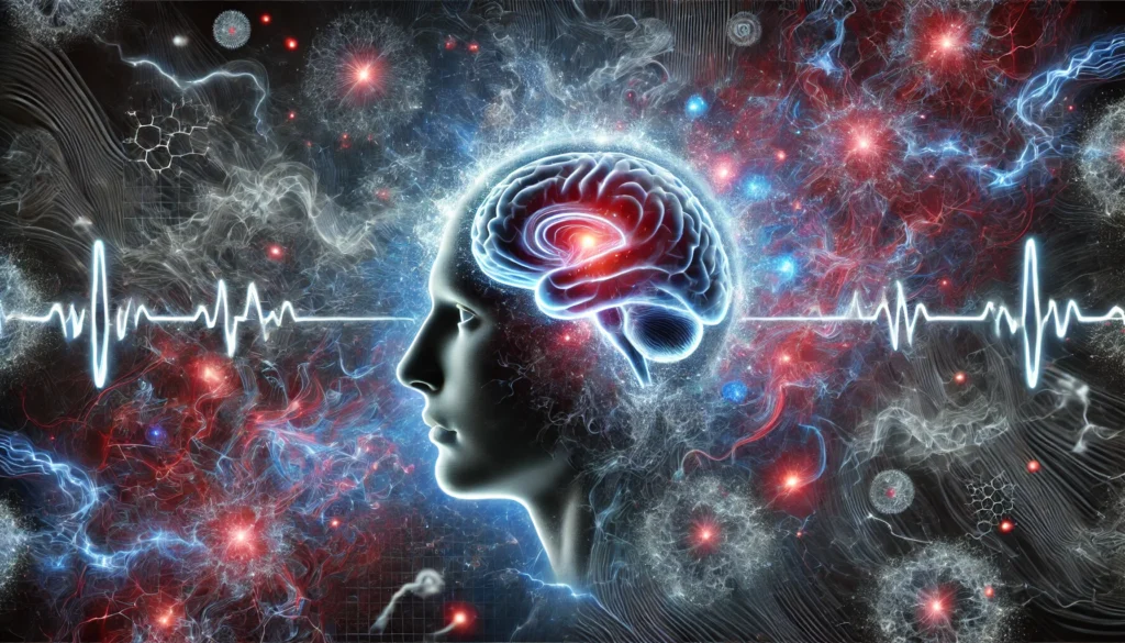 A conceptual digital artwork of a glowing human brain surrounded by swirling chaotic elements, symbolizing Piracetam's cognitive benefits and potential side effects like headaches, dizziness, and insomnia.