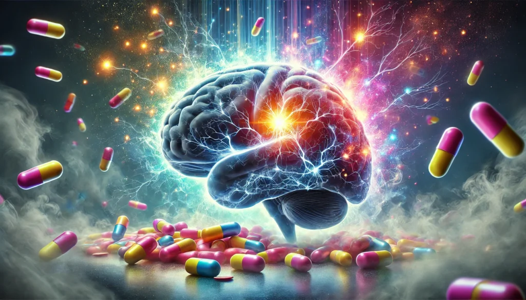 A surreal digital painting of a human brain with glowing neural pathways, surrounded by dissolving pills. Some regions are illuminated, symbolizing memory enhancement, while others fade into darkness, representing cognitive decline.