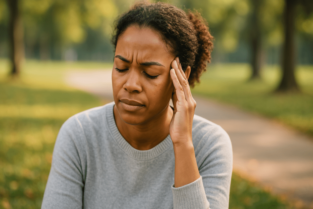 A young African-American woman sits in a park with her eyes closed and a hand pressed to her temple, expressing discomfort. The scene is softly lit by natural morning sunlight, suggesting a quiet moment of contemplation or neurological pain, relevant to the theme of Lion’s Mane and multiple