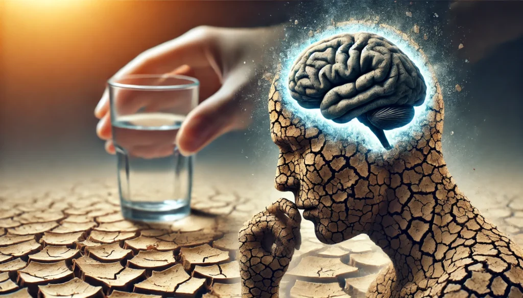 A conceptual visualization of dehydration’s impact on the brain, showing a human head dissolving into dry, cracked earth while a blurred glass of water remains out of reach, representing the struggle for mental clarity.
