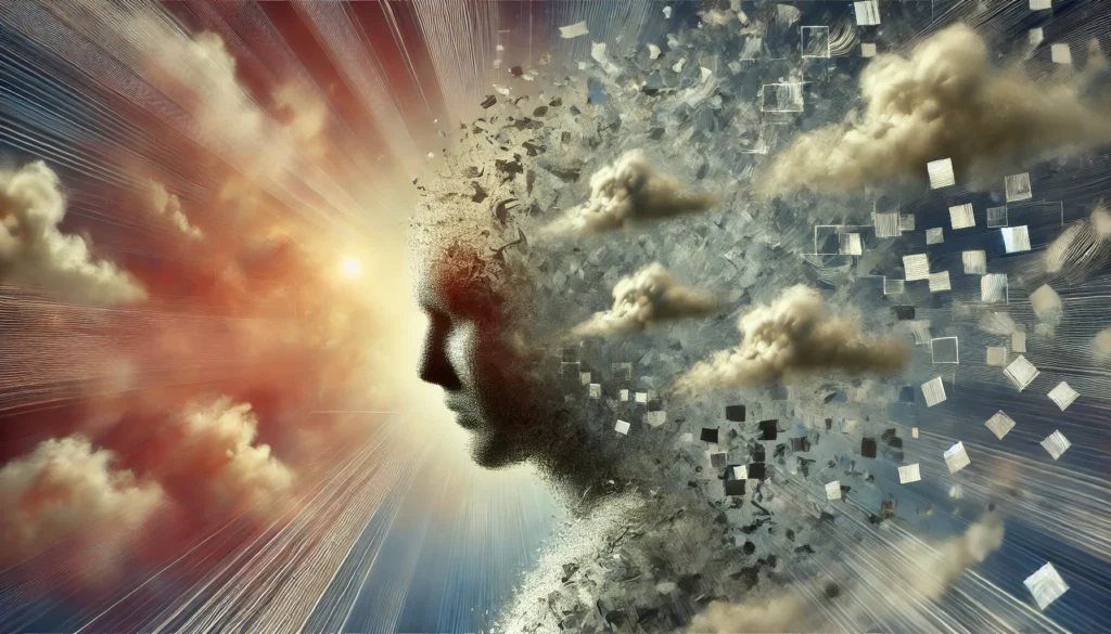 An artistic representation of anxiety and forgetfulness, showing a person dissolving into fragments of light and shadow. Their thoughts drift away as clouds, symbolizing fleeting memories, while a distorted background evokes the sensation of mental fog and cognitive overload.