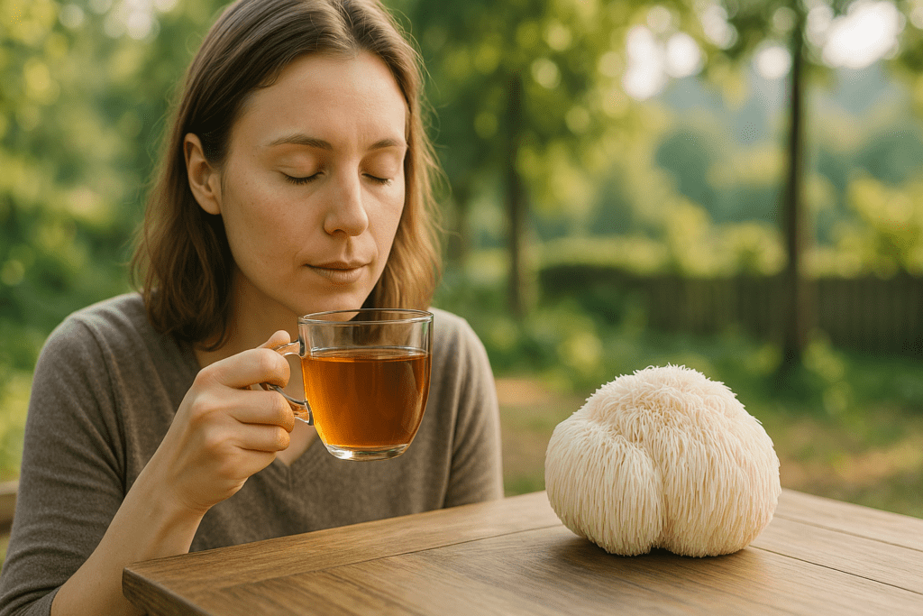 A young woman with closed eyes holds a glass cup of Lion's Mane mushroom tea while sitting outdoors at a wooden table, with a fresh Lion's Mane mushroom placed nearby. The scene is illuminated by soft natural morning light, creating a serene atmosphere that highlights the tea's connection to brain health, mental clarity, and relaxation.