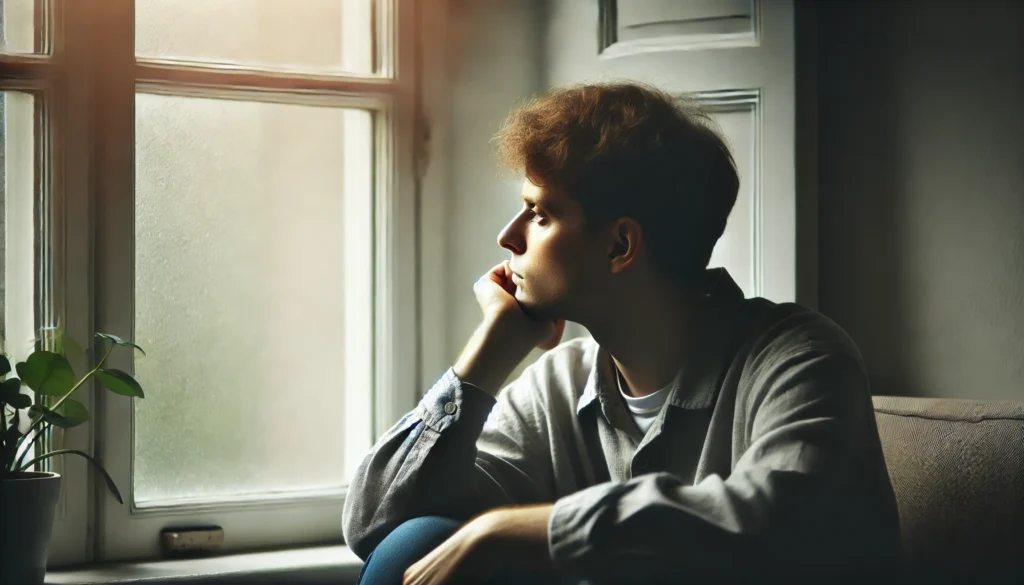 A person with chronic fatigue syndrome sitting by a window, gazing outside with a distant and weary expression, capturing the feelings of exhaustion, isolation, and mental fog associated with chronic fatigue syndrome.