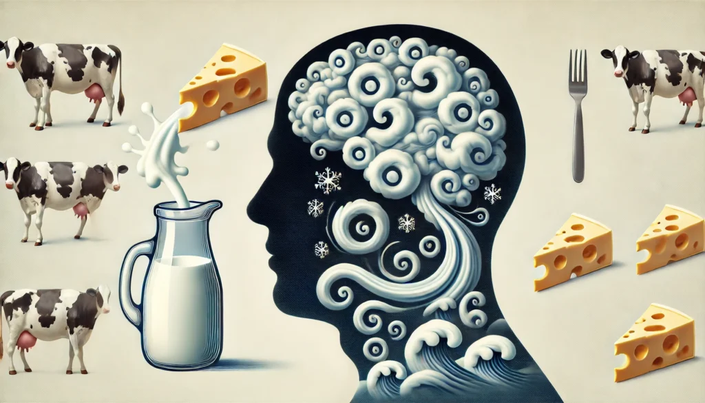 A symbolic representation of brain fog caused by dairy consumption. A human silhouette with a brain appearing clouded and foggy is surrounded by swirling dairy elements like milk waves and floating cheese pieces, visually linking dairy to mental haze.