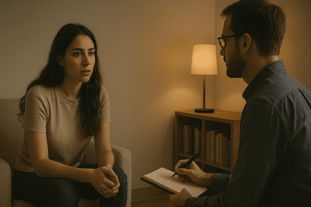 A female client and a male therapist engage in a thoughtful session in a softly lit office with neutral tones and simple decor.