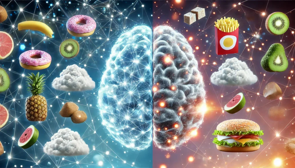 A futuristic high-tech visualization of the brain reacting to food, where one side is active and illuminated, while the other is dulled and foggy, surrounded by floating sugary and starchy foods, symbolizing the cognitive impact of carbohydrate intake.