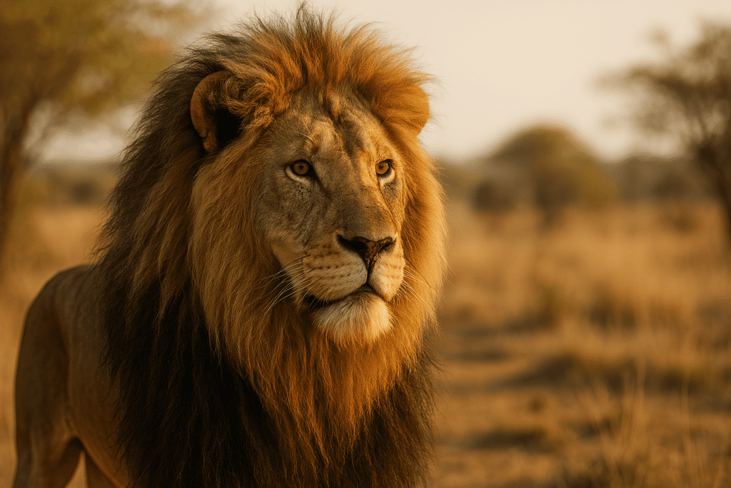A photorealistic image of a majestic adult male lion seated in a dark setting, illuminated by moody, directional lighting from the right. The lion’s golden mane glows with rich texture against the shadowy background, evoking themes of strength, symbolism, and the natural power associated with the lion’s mane in adaptogenic lore and primal instinct.