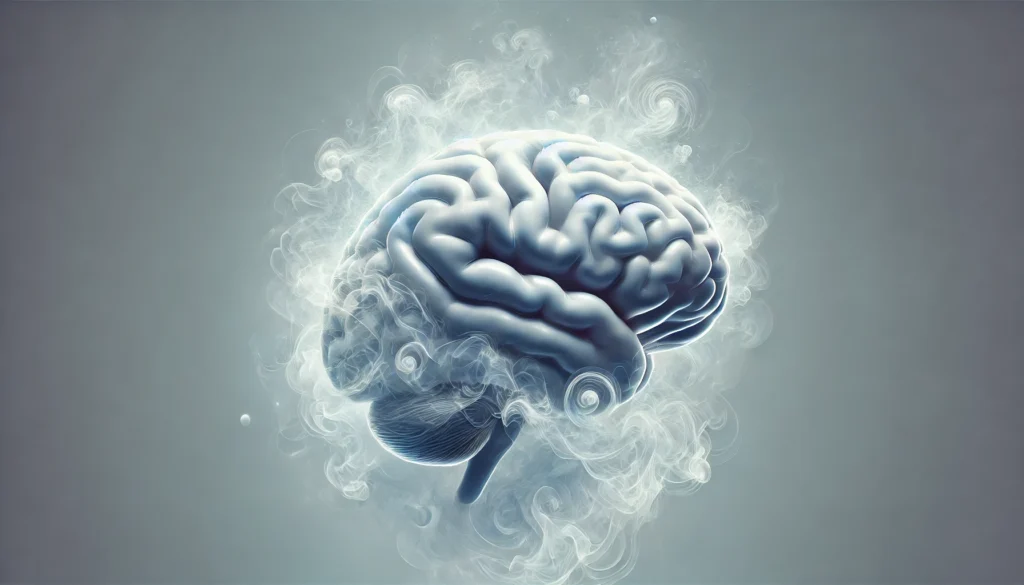 A surreal image of a human brain enveloped in a foggy mist, visually representing cognitive impairment and mental cloudiness caused by sleep deprivation.