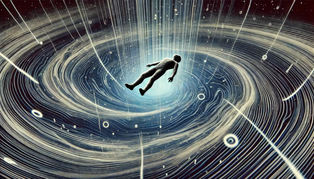 A metaphorical representation of vertigo-related exhaustion. A person is floating in a vast, dark space, their body limp and eyes closed. Abstract, circular motion lines swirl around them, symbolizing dizziness and overwhelming fatigue.