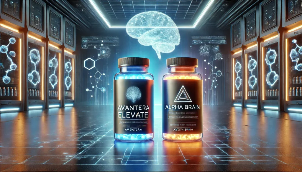 A futuristic high-tech laboratory with two glowing supplement bottles, one blue (Avantera Elevate) and one orange (Alpha Brain), placed on opposite sides. A neural network and brain holograms in the background illustrate cognitive enhancement.