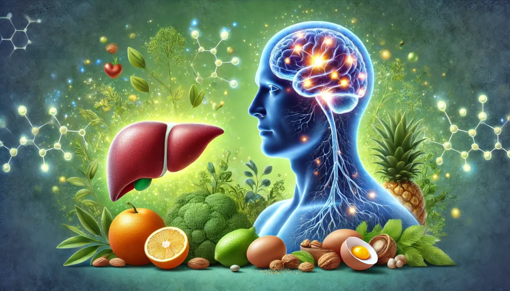 A vibrant digital illustration showcasing a glowing human brain with illuminated neural connections, symbolizing cognitive enhancement. A healthy liver radiates vitality, emphasizing detoxification and metabolic support. Surrounding them are natural food sources rich in Choline and Inositol, such as eggs, nuts, citrus fruits, and leafy greens, against a calming blue-green background.