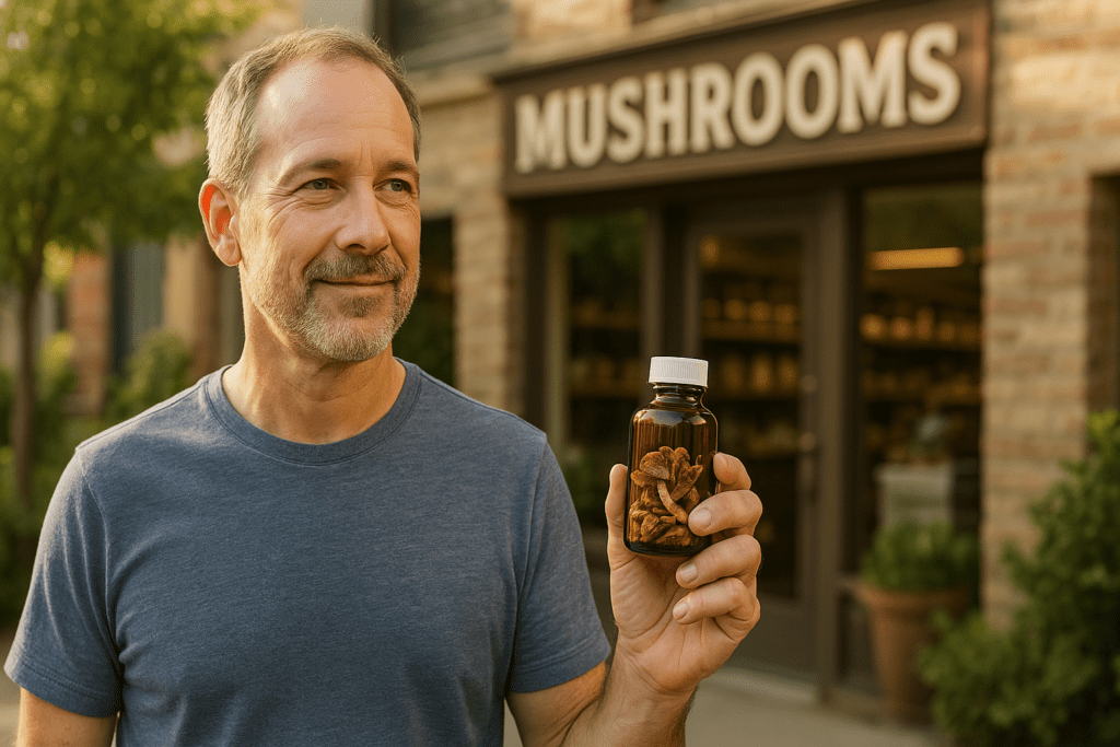 A middle-aged man stands in soft morning light outside a rustic brick mushroom store, smiling while holding a small amber bottle filled with dried medicinal mushrooms. The scene conveys trust and natural health, highlighting where to buy quality medicinal mushrooms from local or small-batch suppliers.