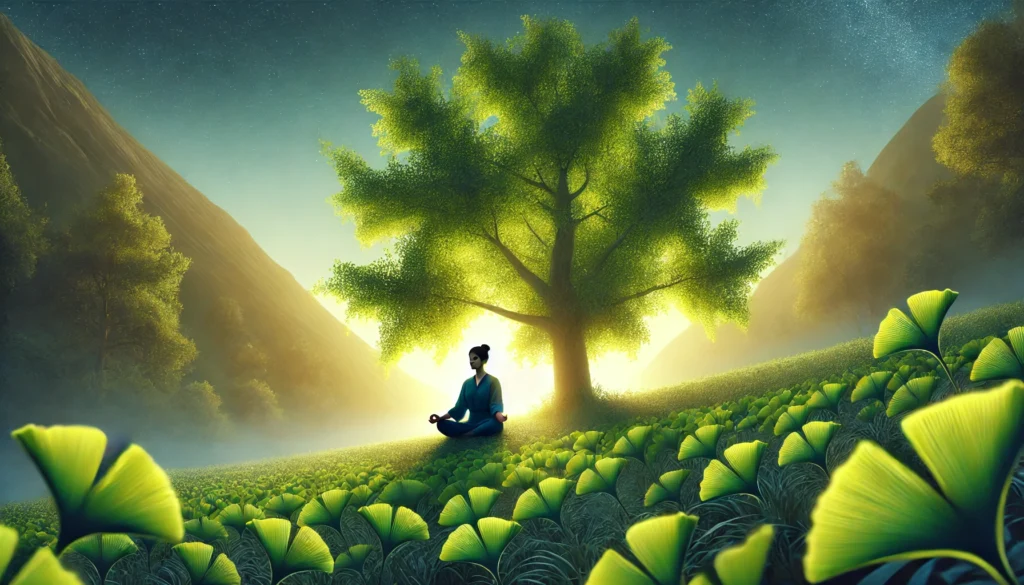 A serene landscape featuring a large Ginkgo Biloba tree with vibrant green leaves, illuminated by soft sunlight. In the background, a person sits in meditation, symbolizing relaxation and migraine relief through natural remedies.