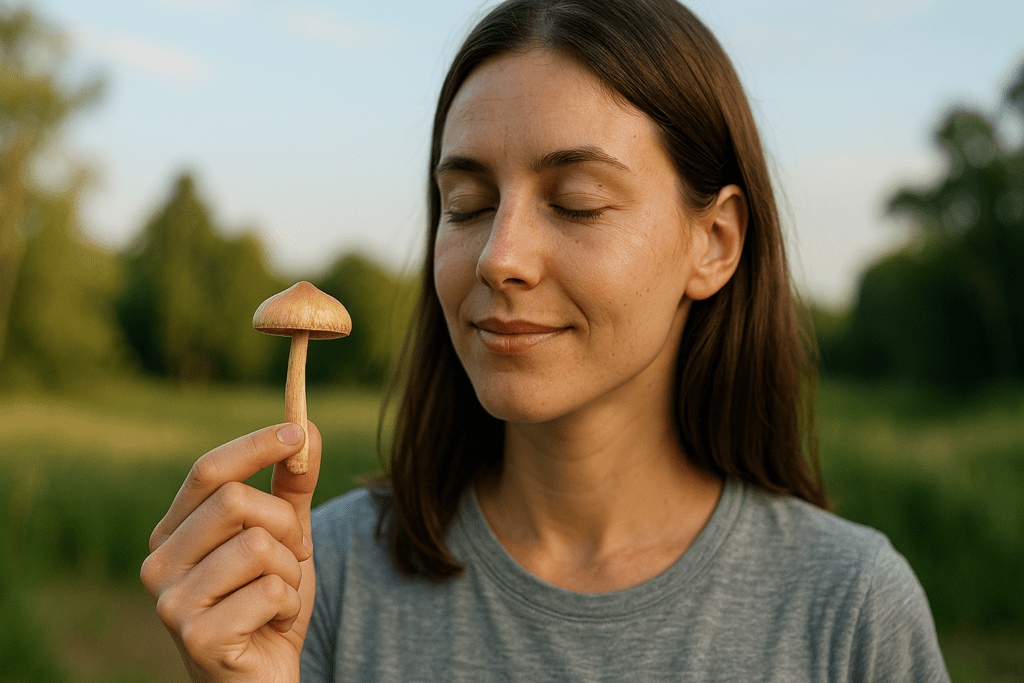 A young woman with light skin stands in a sunlit grassy field during early morning, holding a single psilocybin mushroom close to her face with a gentle smile and closed eyes. The soft natural lighting and serene outdoor setting evoke a sense of calm and clarity, symbolizing the cognitive and emotional benefits of microdosing mushrooms.