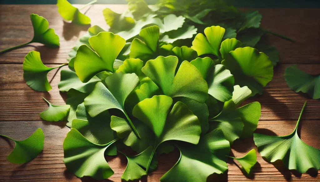 Showcasing vibrant green ginkgo leaves on a wooden surface with natural sunlight.