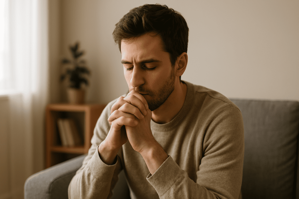 A young man sits quietly in a sunlit room with his hands clasped in front of his face, appearing deep in thought, reflecting the emotional impact of nutrient balance on mental clarity.