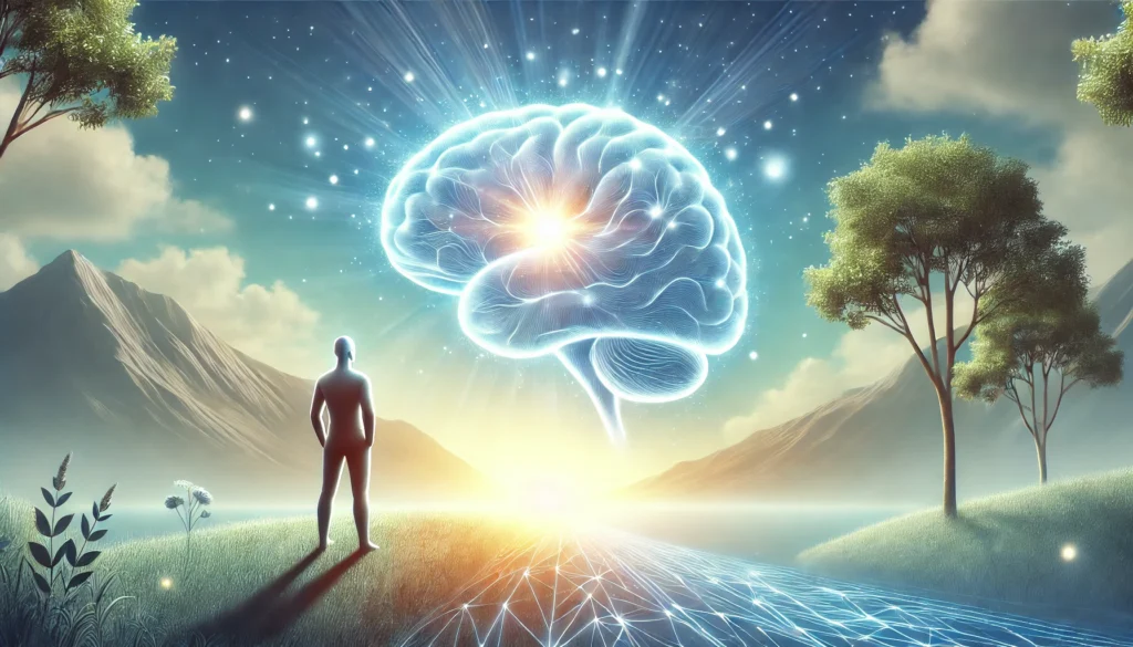 A symbolic representation of overcoming brain fog and fatigue, featuring a person standing in a bright, serene landscape with a glowing brain and a refreshed, energized posture, illustrating mental clarity and recovery.