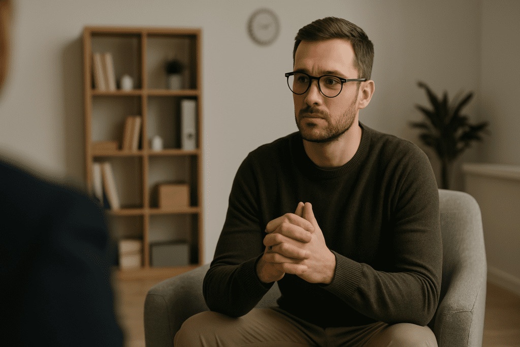 Thoughtful man in therapy session with hands clasped, sitting in a minimalist office with soft indoor lighting.