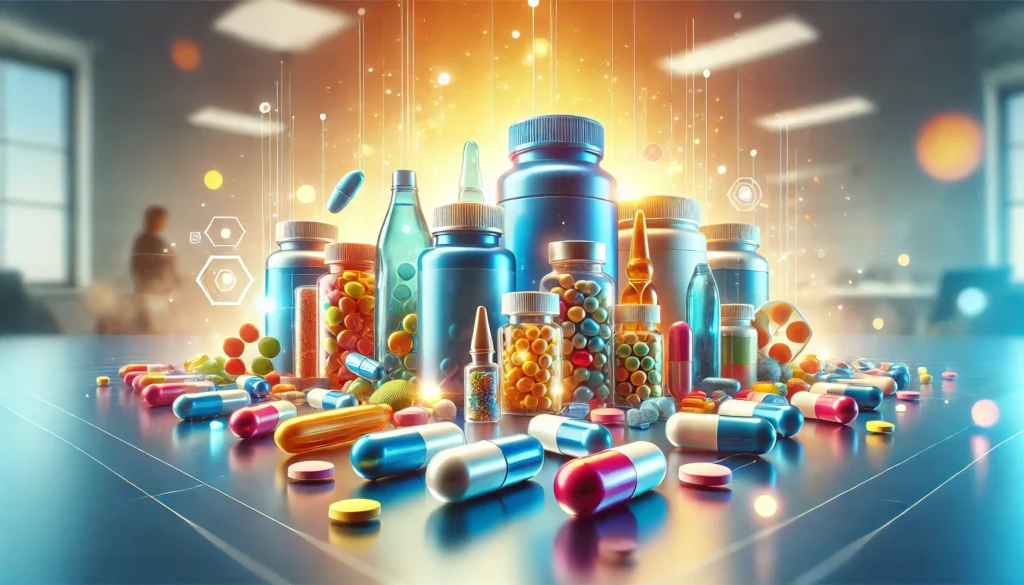 A vibrant composition displaying over-the-counter energy boosters, including capsules, tablets, and effervescent drinks, arranged on a clean surface with bright lighting. The blurred background features a busy workspace, symbolizing productivity and enhanced stamina.