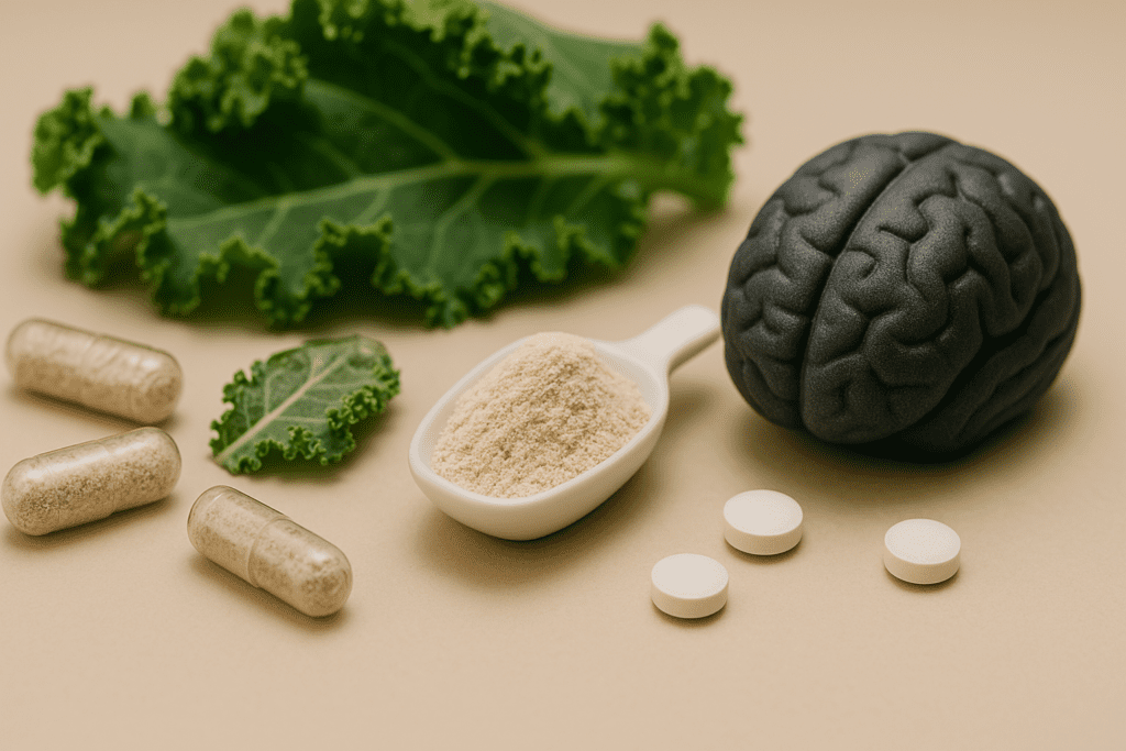 "Brain-shaped object, green kale, powder-filled capsules, and tablets arranged on beige background, showcasing nootropic supplements supporting brain health and fat loss."