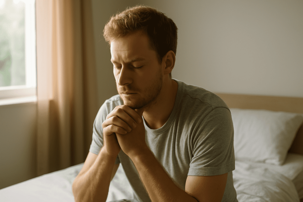 A young man with light brown hair and stubble sits on the edge of a neatly made bed in a softly lit bedroom, eyes closed and hands clasped under his chin in a quiet, reflective posture as morning sunlight filters through a window with beige curtains.