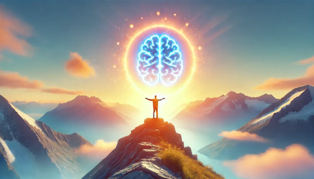 A calming and refreshing image of a person standing on a mountain peak, arms wide open, with a bright sunrise behind them, symbolizing mental clarity, renewal, and overcoming brain fog.