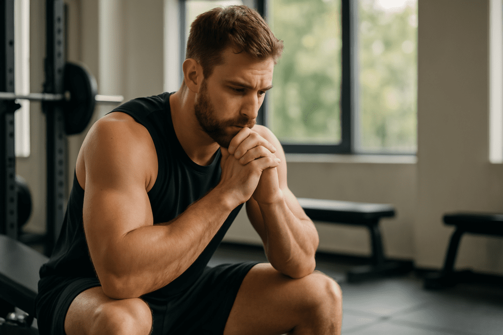 A muscular man in a black tank top sits on a gym bench, hands clasped in front of his chin in a thoughtful pose. Soft natural light filters through large windows behind him, highlighting his focused expression and defined arms in a minimalist gym setting.