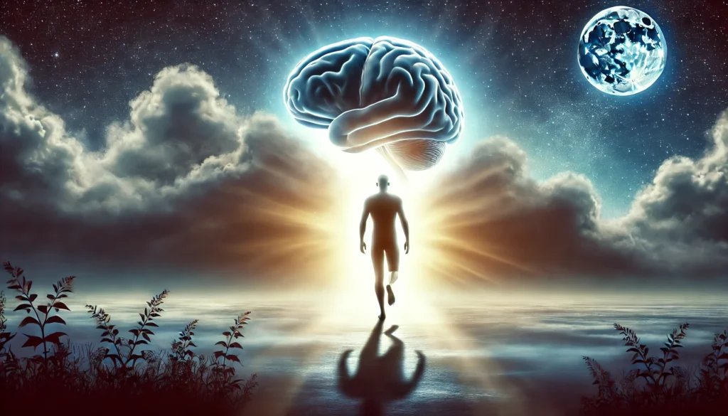 A symbolic representation of overcoming anxiety, showing a person stepping out of a dark fog into a bright, peaceful landscape with a glowing brain visible, signifying renewed focus, emotional resilience, and cognitive restoration.