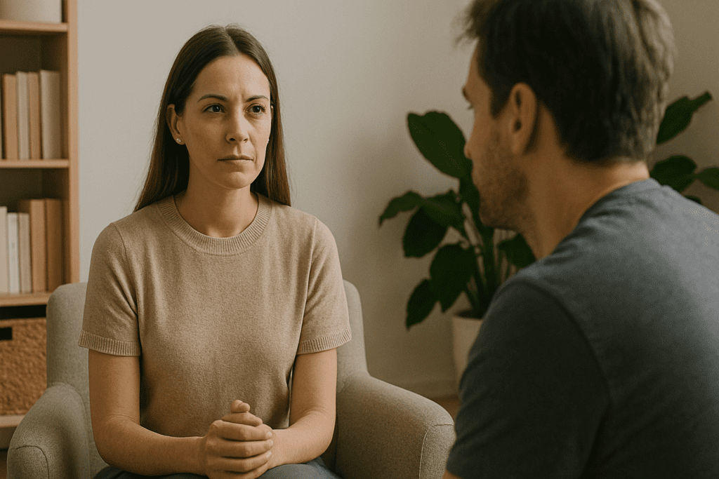 Female therapist in a beige top listens attentively to a male client in a calm, softly lit modern therapy office.
