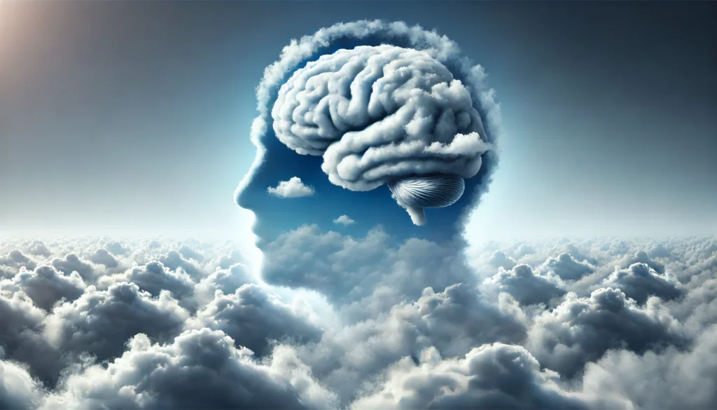 A visually striking representation of mental clarity fading into brain fog, depicting a human brain made of clouds dispersing into the sky against a gradient from clear blue to misty haze.