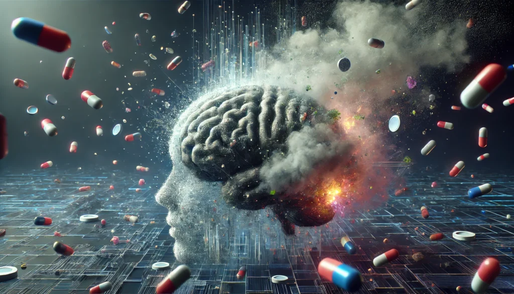 A futuristic visualization of brain fog from medications, featuring a digital rendering of a brain with fragmented neural pathways dissolving into smoke, with scattered capsules and tablets floating in the air.