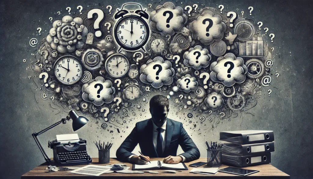 A dramatic image of a person sitting at a cluttered desk with multiple thought bubbles containing stress-related symbols like clocks, deadlines, and question marks. The overwhelmed expression represents anxiety and its impact on concentration.
