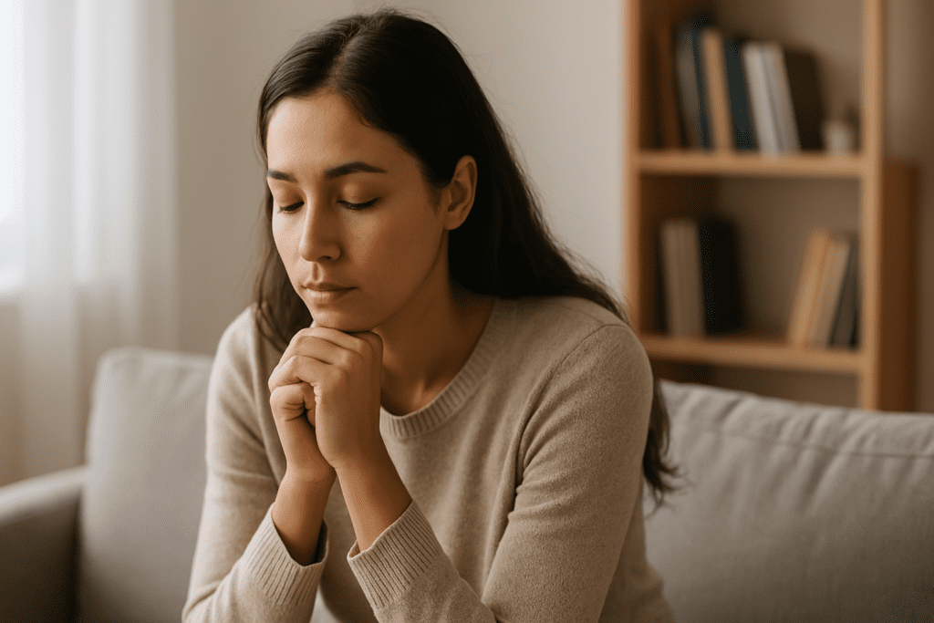 A young woman with long dark hair sits quietly on a light gray sofa, her hands clasped beneath her chin in a reflective pose. Soft natural morning light filters through a nearby window, gently illuminating her thoughtful expression, with a blurred bookshelf and potted plant in the background.