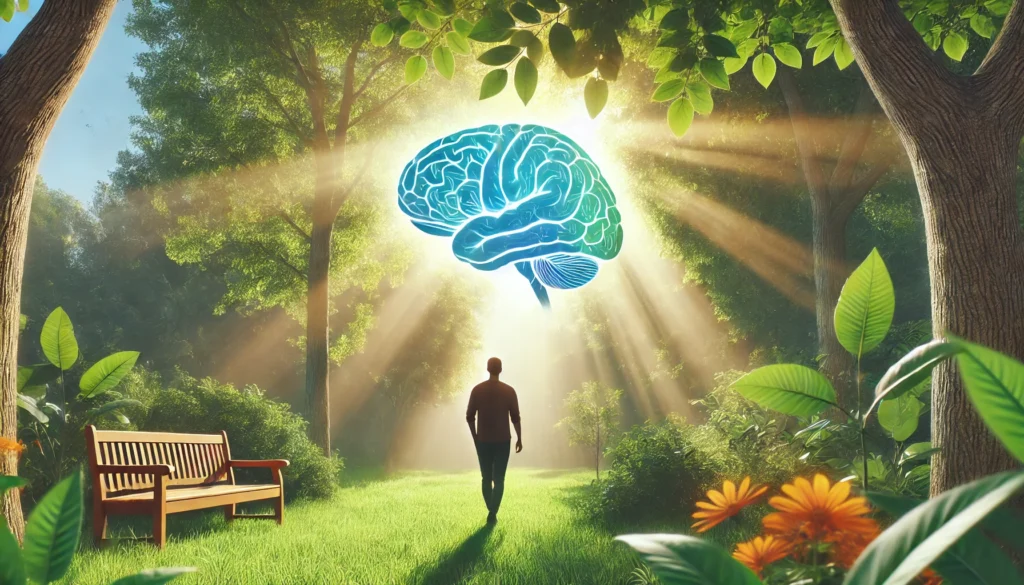 A tranquil outdoor scene with a person walking through a sunlit park, surrounded by lush greenery, symbolizing the benefits of physical activity for clearing brain fog and enhancing cognitive function after the flu.