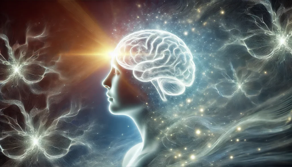 A calming yet futuristic portrayal of a person finding relief from brain fog and anxiety, with a soft glowing light around their head. The background transitions from dark to bright, symbolizing mental clarity and cognitive rejuvenation, with balanced neural pathways representing relaxation and healing.